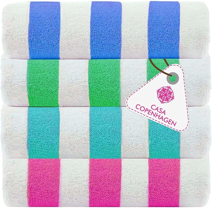 CASA COPENHAGEN Cabana Towel 4Pcs Motley Color Designer Stripe Beach Towels Gift Set, 30"x60" Oversized 100% Cotton Pool Bath Towel for Beach Gift Set (Perfect Summer Gift Set for Women & Men)