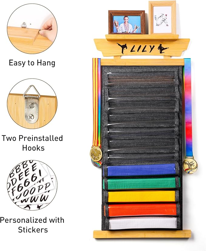 Tilhumt 10/12 Belts Karate Belt Display Rack with Photo Shelf, Felt Taekwondo Belt Display Rack Martial Arts Belt Display for Adults TKD, BJJ