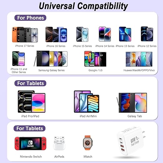 USB C Charger Block,60W 4-Port USB C Wall Charger iPhone Charger Fast Charging PD Power Adapter+QC Wall Plug Multiport Type C Brick Chargers for iPhone 17 16 15 14 13 12 11 Pro Max XS,Samsung