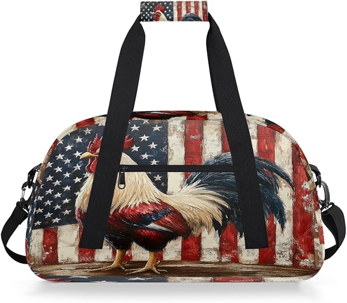 Kids Duffle Bag Girls Boys Farmhouse Rooster On American Flag Back Weekender Overnight Bag,Lightweight Duffel Bags for Traveling Gym Sport Dance