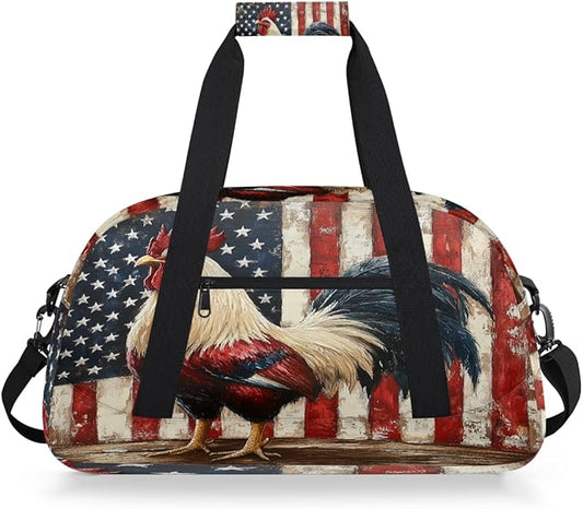 Kids Duffle Bag Girls Boys Farmhouse Rooster On American Flag Back Weekender Overnight Bag,Lightweight Duffel Bags for Traveling Gym Sport Dance