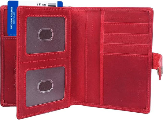 STAR VISTA Cosimo Leather Passport Holder for Exquisite Voyagers or Pilots, Transparent Windows for Travel Document & Dual IDs, RFID Blocking, 2 Passports, 2 IDs, 8 Cards, AirTag Slots, Crimson