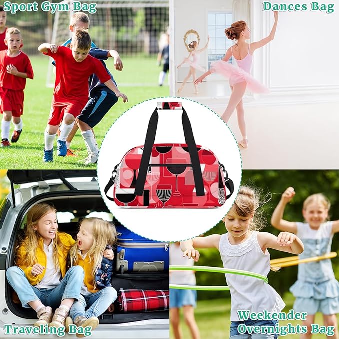 Abstract Red Wine Glass Kids-Duffel-Bags Gymnastics Dance Bag Carry-On Overnight Travel Gym Lightweight Dance Sports Bags For Girls Boys Kids，