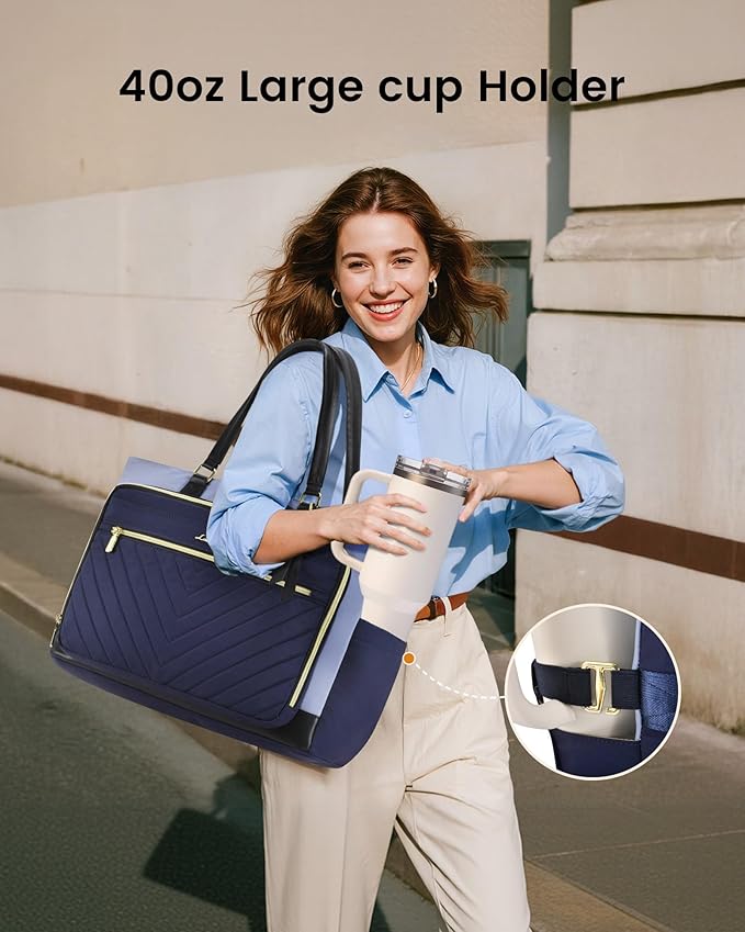 LOVEVOOK 17 Inch Tote Bag for Women, Work Bags Laptop Bag with Large Cup Holder, Quilted Nurse Bag Diaper Tote with Multi-Pockets, Large Computer Handbag Purse for Bussiness Travel