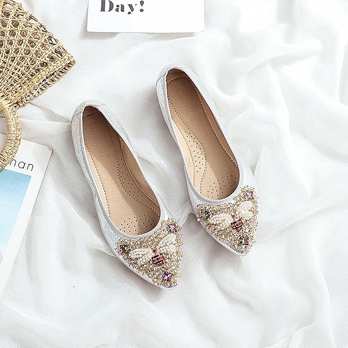 Women Ballet Flats Sparkly Rhinestone Wedding Ballerina Shoes Pointed Toe Foldable Comfort Slip on Flat Dress Shoes