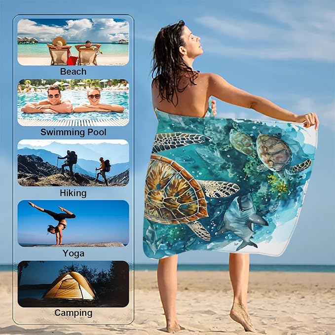 Turtle Shark Undersea Beach Towel, Large Microfiber Quick Dry Lightweight Pool Bath Towels Sand Free Beach Blanket for Summer Cruise Yoga Camping Travel Vacation Essentials 31 x 61 in