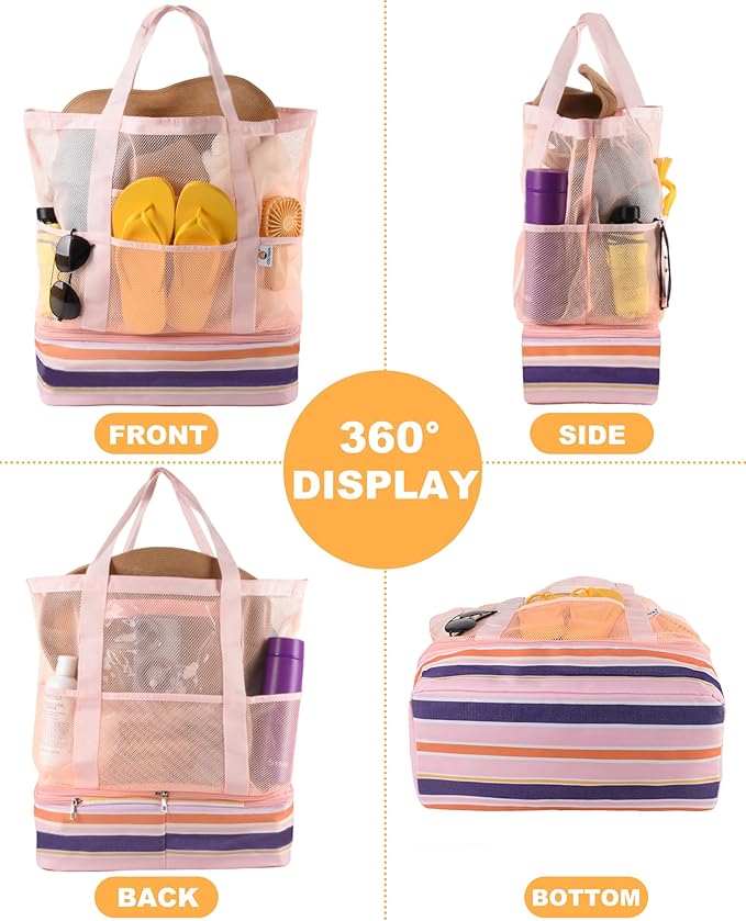 Beach Bag with Cooler, Mesh Beach Bag for Women Cruise Pool, Packable Waterproof Sandproof Travel Tote Bag with 8 Pockets