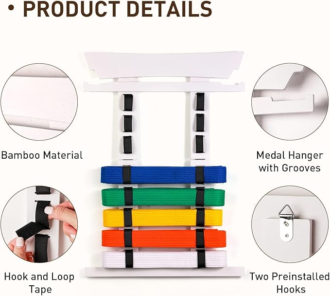 Tilhumt 8 Belt Karate Belt Display Rack with Medal Hanger and Stickers, Taekwondo Belt Display Holder, Martial Arts Belt Display Organizer for Adults, No Assembly Required (Bamboo/Acrylic)