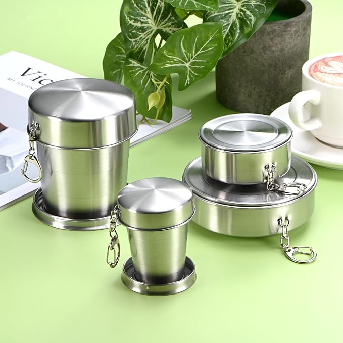 Stainless Steel Collapsible Travel Cup, 8.4oz(250ml) Reusable Collapsible Metal Cup Portable Foldable Water Bottle with Lid and Keychain for Travel/Camping/Hiking