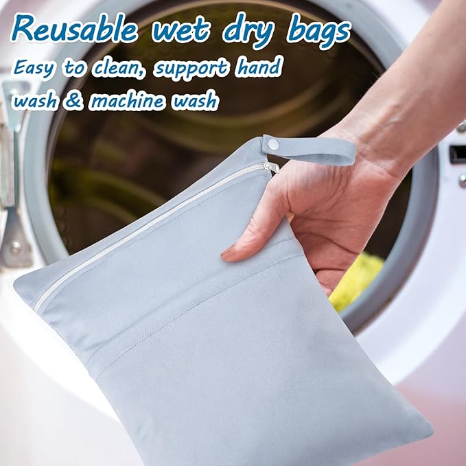 Shappy 4 Pcs Wet Dry Bag for Baby Cloth Diapers Waterproof Wet Bag Washable Travel Reusable with 2 Pocket for Swimsuits for Yoga Gym Travel Beach Pool(Brown, Dark Green, Light Purple, Grey)