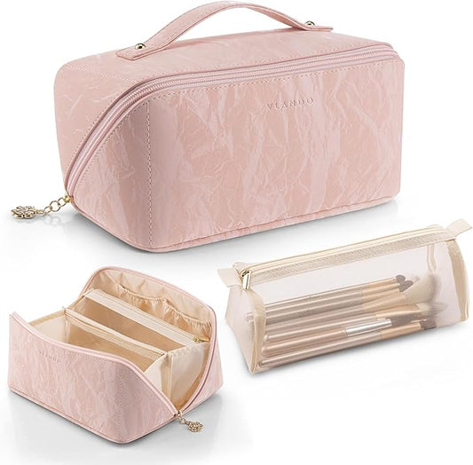 VLANDO Makeup Bag,Travel Toiletry Bag,Cosmetic Bag for Women PU Leather Portable Make up Bag for Skincare, Brushes & Travel Essentials-Sand Pink