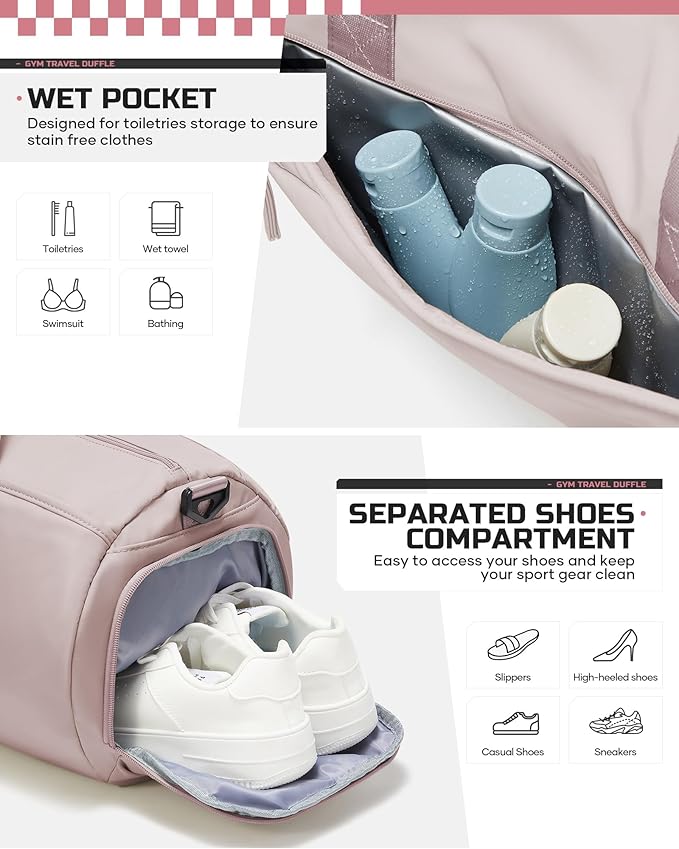 Gym Bag for Women And Mens with Shoe Compartment, Large Duffle Bag with Wet Pocket Carry-on Gym Duffle Bag for Travel and Sports Weekender Overnight Workout Bag Pink Purple