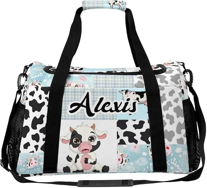 Gym Bags Blue Plaid Patchwork Cow Pattern Duffel Bag Adjustable Shoulder Strap Perform Training Travel Bag for Teens Adults Women Men Overnight Bag