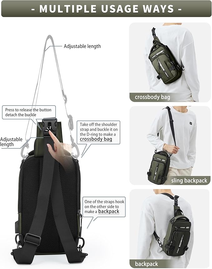 SEAFEW Small Sling Crossbody Backpack Shoulder Bag for Men, Lightweight One Strap Backpack Sling BacK pack for Hiking Walking Biking Travel Cycling USB Charger Port-Nylon (Olive Green)