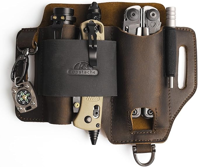 Topstache Leather Multitool Sheath,EDC Belt Organizer for Work and Daily Use,Leatherman Sheath,EDC Pocket Organizer for Flashlight and Multitool,Gifts for Men,Leather Sheath for Multitool