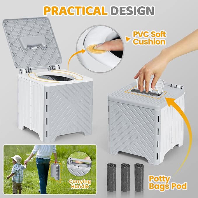 Orzbow Portable Potty Seat for Toddler Travel, Foldable Potty Training Seat with Storage Bag for Boys and Girls 18+ Months, Includes Disposable Potty Bags - Toddler Travel Essentials, Grey