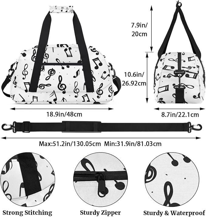 Musical Notes Gym Travel Duffle Bag for Women & Men with Front Zipper Pocket for Sports, Overnight, Weekender, Carry On,Workout & Dance Bag,18.9 * 8.7 * 10.6 in