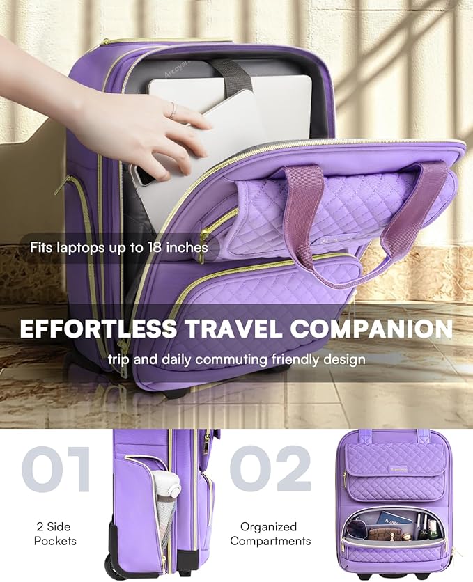 Underseat Carry On Luggage with Wheels, Airline Approved Personal Item Luggage, 16-Inch Multi-functional Underseat Luggage, Lightweight Overnight Suitcase for Women, Bussiness, Travel, Purple