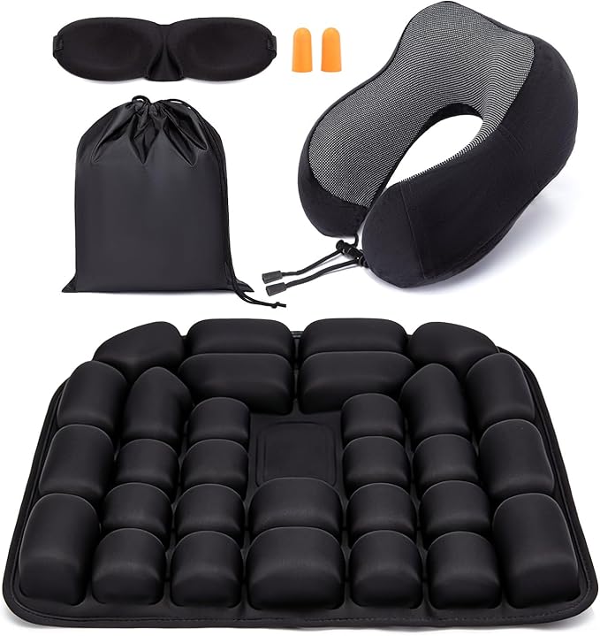 Travel mat - Inflatable Bubble Design, Used for car/Office/Airplane seat Cushion, Equipped with Storage Bags. Ergonomically Designed 3D Inflatable airbag, Including Neck Pillow kit (U-Shaped)