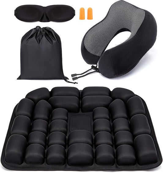 Travel mat - Inflatable Bubble Design, Used for car/Office/Airplane seat Cushion, Equipped with Storage Bags. Ergonomically Designed 3D Inflatable airbag, Including Neck Pillow kit (U-Shaped)