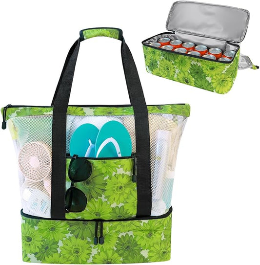 ASL Mesh Beach Bag with Cooler Compartment for Women, 2-in-1 Print Travel Tote 30L with Zipper and Pockets, Pool Picnic