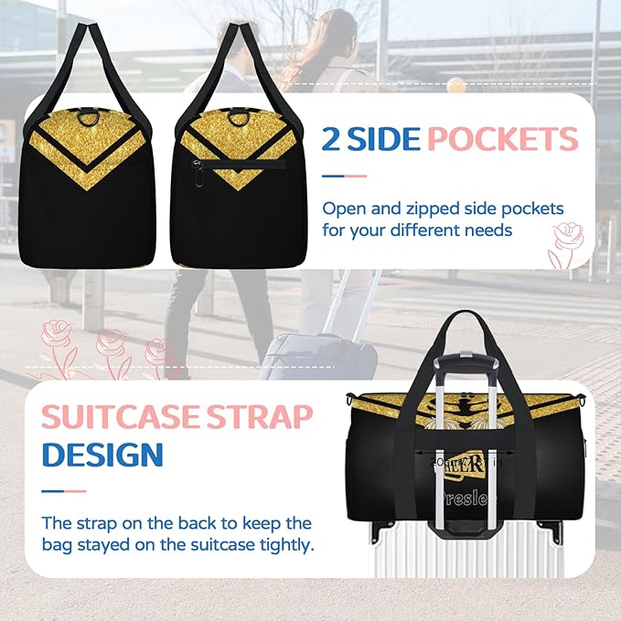 Personalized Cheerleader Bag with Name, Custom Small Sport Duffel Weekender Bags Travel for Gym Dance Trip Outdoor Activities, Yellow Glittering Black Cheerleading Team