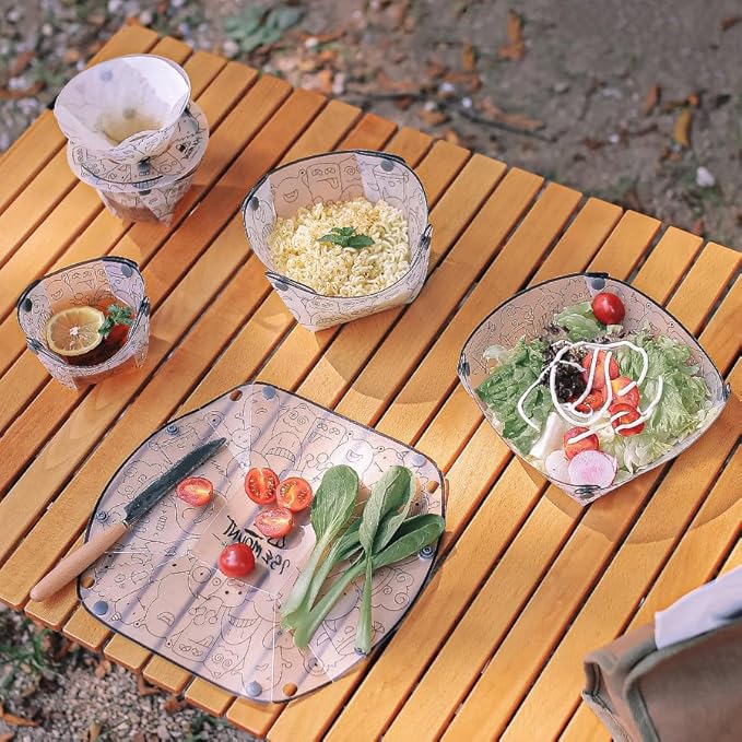 Portable Scouting & Camping Tableware Set of 6 Pieces, Folding Plate, Bowl, Water Cup, Easy-Clean, Ultra-Light, Heat-Resistant,Collapsible, Food-Grade Material, for Outdoor Picnics
