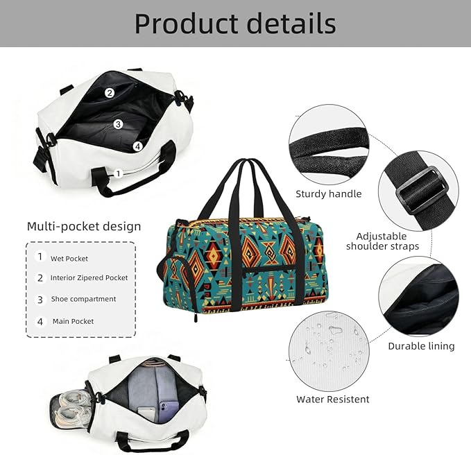 Sports Gym Bag Aztec Print Ethnic Geometrical Pattern Travel Duffel Bag With Shoe Compartment Shoulder Strap, Lightweight Water-Resistant Weekend Overnight Totes For Women Men