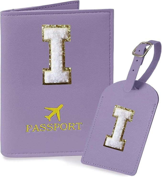 COSHAYSOO Purple Passport Cover and Luggage Tag Set TSA Approved with Her Initial Chenille Letter Patch, Trendy Travel Bag Backpack Suitcase Identifier Gifts for Daughter Mother Sister in Law (I)