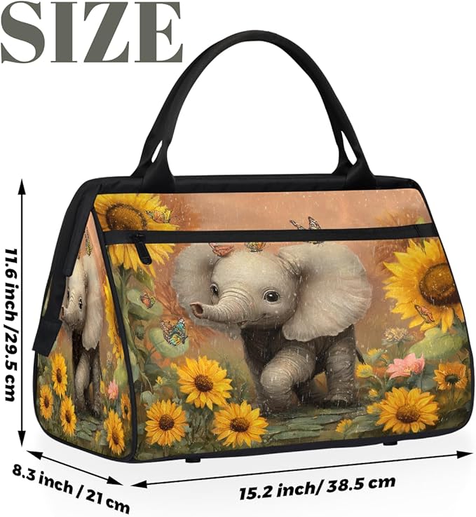 Cute Sunflower Elephant Butterfly Overnight Weekender Bags for Women Men, Waterproof Travel Carry On Duffel Bag, Lightweight Sports Gym Bag for Fitness, Workout, Travel