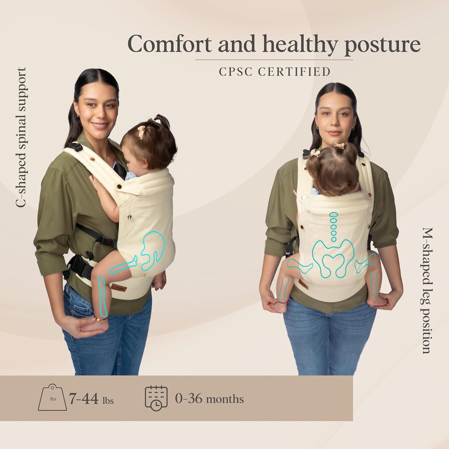 Cub & Co Ergonomic Baby Carrier Newborn to Toddler – 4-in-1 Adjustable with Head & Lumbar Support, Breathable Fabric, Multi-Position Design, Foldable for Travel (Beige)