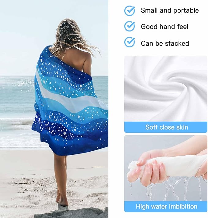 Blue Waves Stripes Beach Towel 35" x 71" White Polka Dots Abstract Watercolor Art Quick Dry Sand Free Pool Towels Soft & Absorbent Compact Towels Beach Accessories for Travel Bathroom Swimming Pool