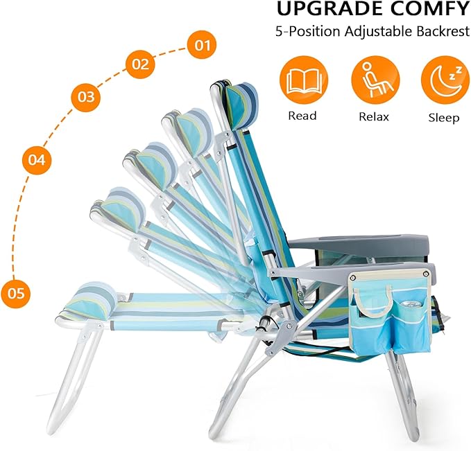 VINGLI Backpack Beach Chair 2 Pack, with 5-Position, Cup Holders, Cooler Bag, Towel Bar, Lightweight Folding Beach Camping Chairs for Adults（Blue/Green-13