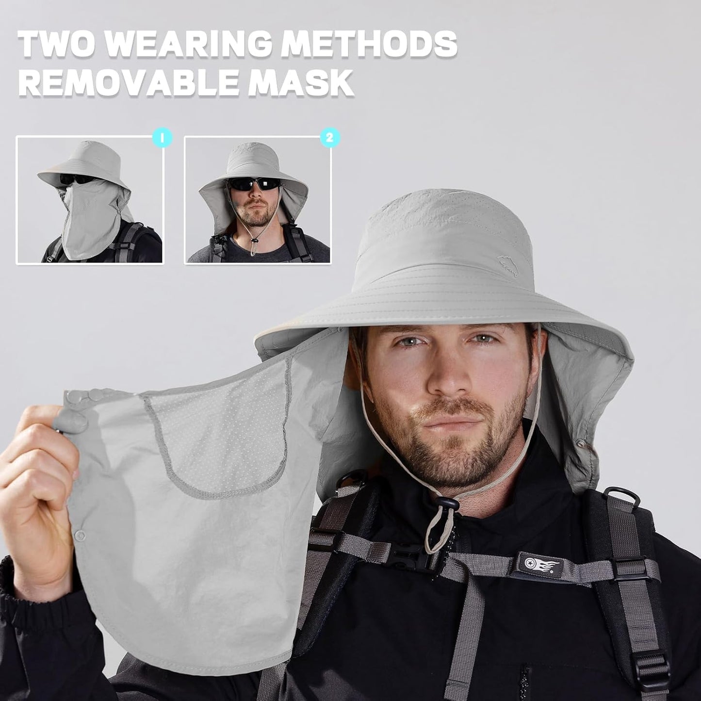 Rosoz Sun Hat for Men Women with Neck Flap,Wide Brim UPF50+ Fishing Hat with Detachable Face Cover Outdoor Sun Protection Hat