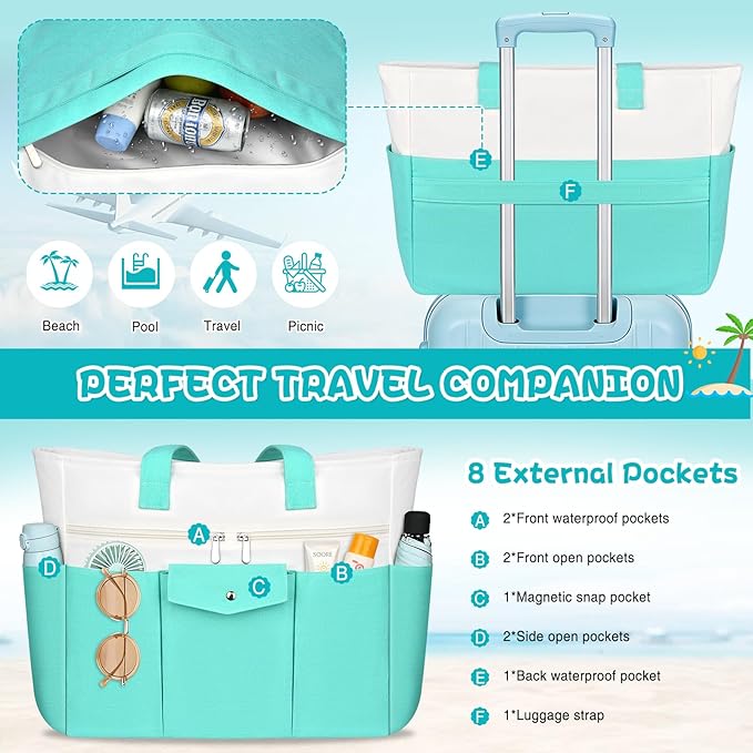 Beach Bags for Women Large Canvas Beach Tote with Zipper Wet Pocket, Waterproof Foldable Swim Pool Travel Tote Bags