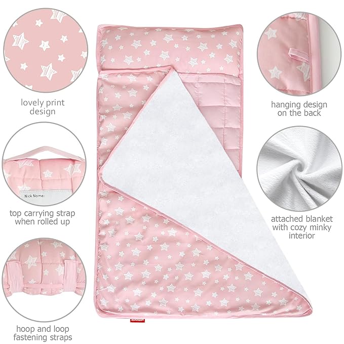 Moonsea Toddler Nap Mat Pink and Fleece Minky Blanket, Lightweight and Soft Perfect for Toddlers Preschool, Daycare, Travel Sleeping Bag for Girls, 21" x 50" Fit on a Standard Cot