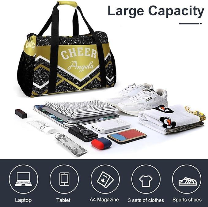Travel Bag Golden Cheer Cheerleader Bling Print Customized Duffel Bags Weekender Overnight Bag Personalized Gift Adjustable Detachable Shoulder Strap Packs
