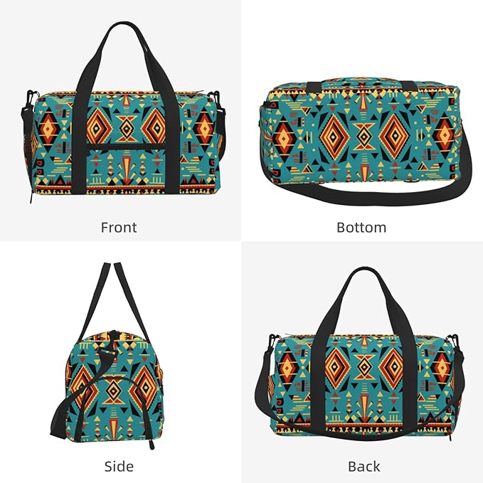 Sports Gym Bag Aztec Print Ethnic Geometrical Pattern Travel Duffel Bag With Shoe Compartment Shoulder Strap, Lightweight Water-Resistant Weekend Overnight Totes For Women Men