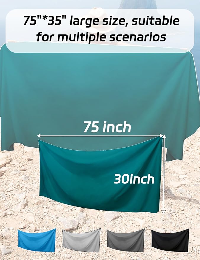 Magnetic Beach Towel Oversized Quick-Dry Microfiber Towel with Magnetic Closure, Super Absorbent & Sand-Resistant for Beach, Pool, Travel, Gym & Camping 75"x30" (Black)
