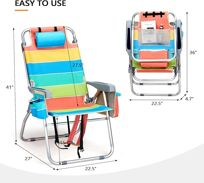 VINGLI Tall Beach Chair 2 Pack Lightweight, Backpack Beach Chair for Adults with 5-Position, Cooler Bag, Cup Holders, Towel Bar, Folding Beach Camping Chairs（16“-Rainbow）