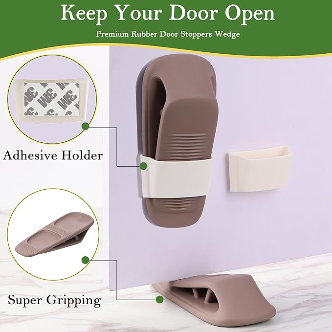 Fursafe&Q Rubber Door Stoppers for Bottom of Door, Door Stop Wedge with Holder, Heavy Duty Doorstops 2 Pack, Wall Protector for Home & Office & School & Commercial Doorstop Keep Open Stack Brown