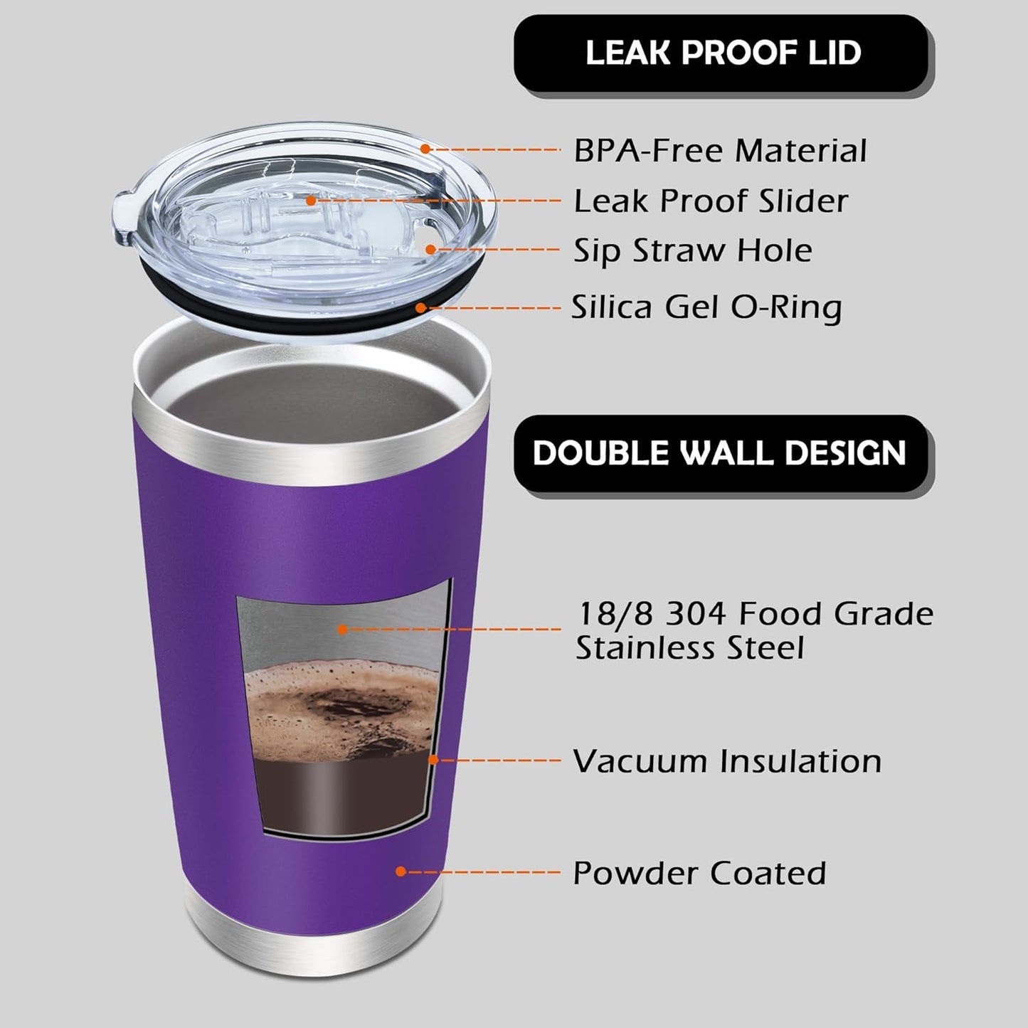 20oz Tumbler Bulk Stainless Steel Tumblers with Lid Vacuum Insulated Double Wall Travel Coffee Mug Powder Coated Tumbler Cup for Hot and Cold Drinks(Purple, 6 pack)
