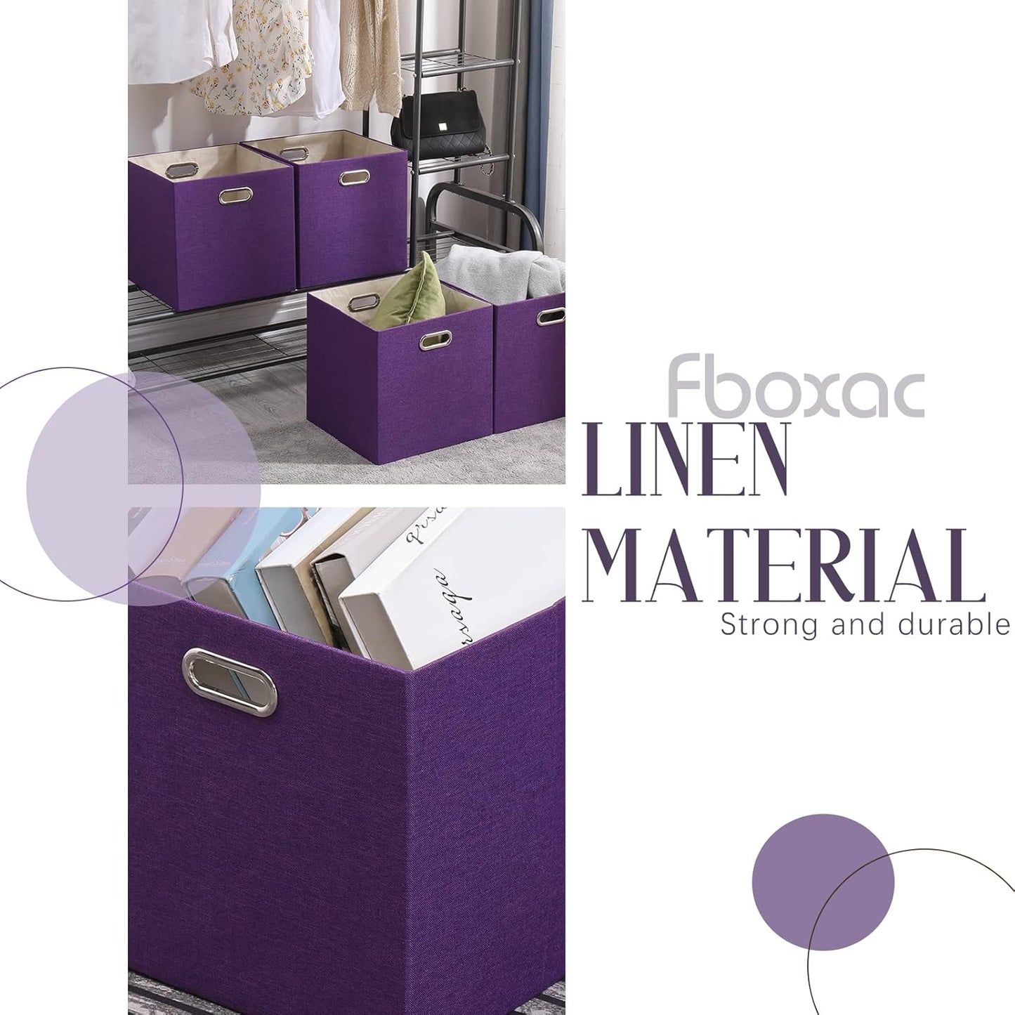 Collapsible Basket Fabric Foldable Box with Handles, 13x13 Cube Storage Bins Set of 4, Thick and Heavy Duty Storage Baskets for Shelves Bedroom Livingroom,Purple