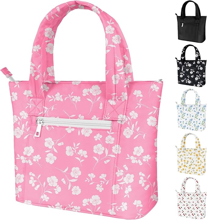 Tote Lunch Bag Women Stylish Quilted Lunch Boxes for Adult Fit and Fresh Cooler Insulated Lunchbox for Work Large 10 Liters Cute Compact Lunchbag Waterproof Pink Floral