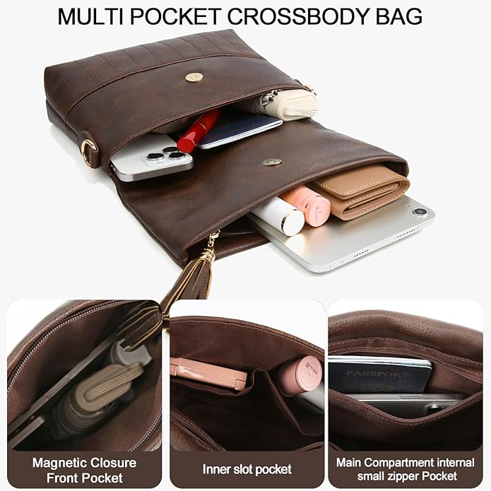 Women's Leather Crossbody Bags Anti Theft Purses RFID Blocking Handbags Trendy Travel Adjustable Strap Tassel