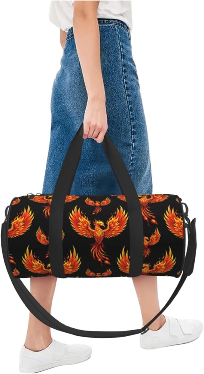 Gym Bag for Men Women Fire Flame Bird Black Art, Small Fitness Workout Sports Bag Water Resistant Overnight Weekender Duffel