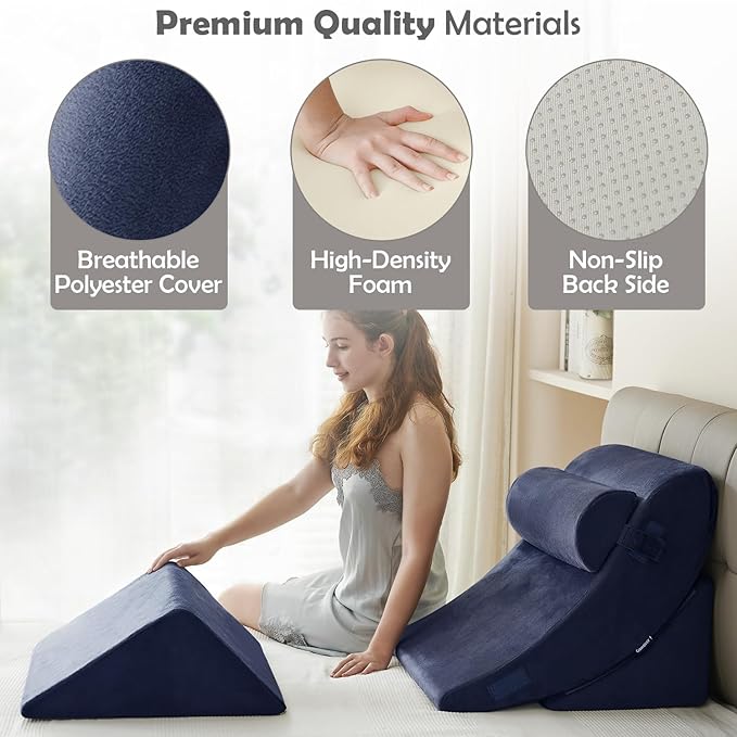 4Pcs Wedge Pillow for Sleeping, Orthopedic Bed Wedge Pillows for After Surgery, Foam Triangle Sit Up Pillow Wedge for Back, Neck, Shoulder Support, Leg Elevation, Acid Reflux, Gerd, Snoring Navy Blue