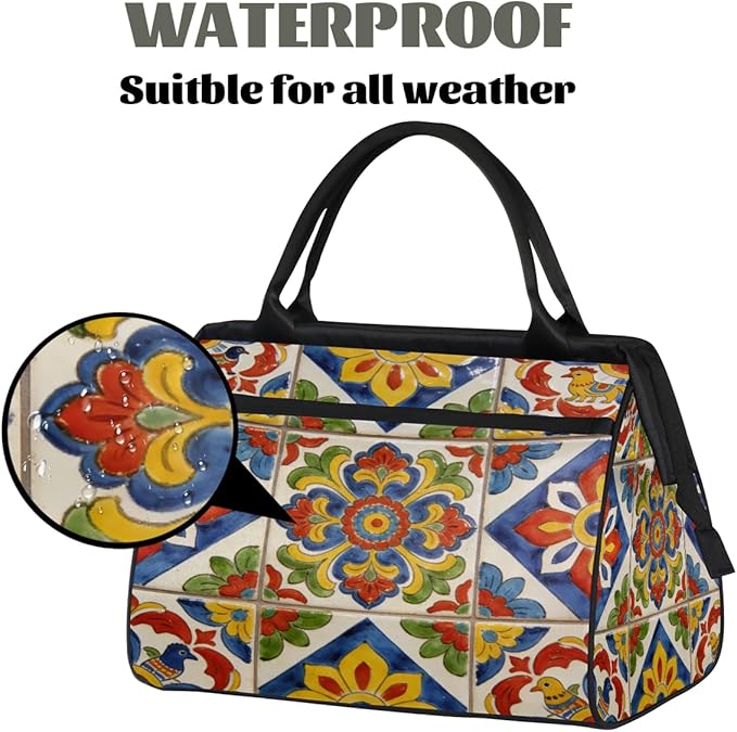 Travel Gym Carrying Bag - Talavera Tile Overnight Weekender Bag for Women Men Girls - Shoulder Large Capacity Tote Bag for Travel, Yoga, School,Mommy Hospital Bag for Labor and Delivery