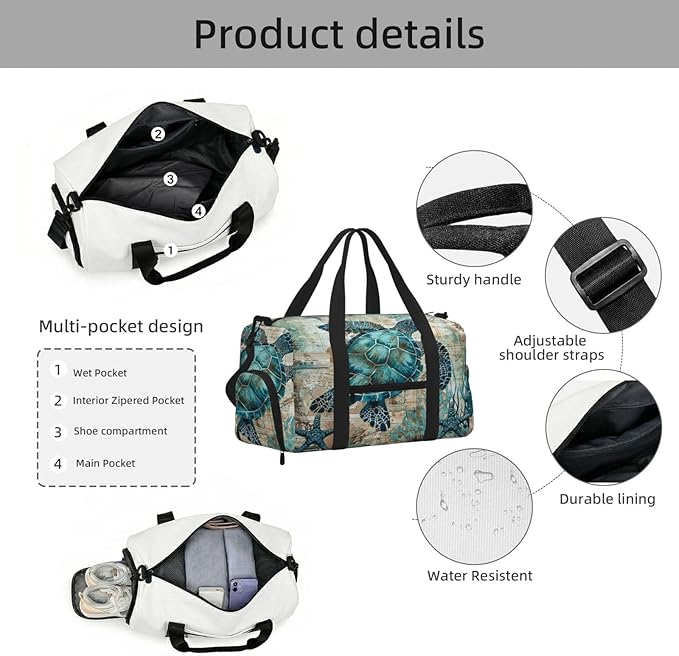 Sports Gym Bag Turquoise Sea Turtle Starfish Travel Duffel Bag With Shoe Compartment Shoulder Strap, Lightweight Water-Resistant Weekend Overnight Totes For Women Men