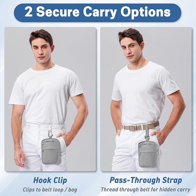 RFID Hidden Travel Wallet Belt Wallet – Large Capacity Passport Holder & Hidden Money Pouch, 3-Zone Organizer Anti-Theft Waist Wallet with Dual Clip Belt & Carabiner